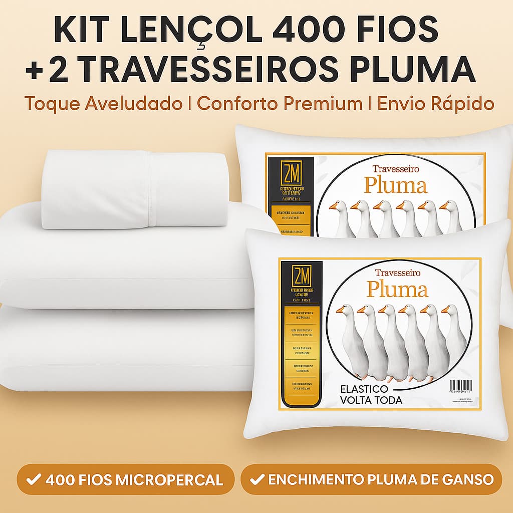 Kit Jogo de Cama Luxo 400 Fios + 2 Travesseiros Pluma Casal, Queen e King Ultra Macio