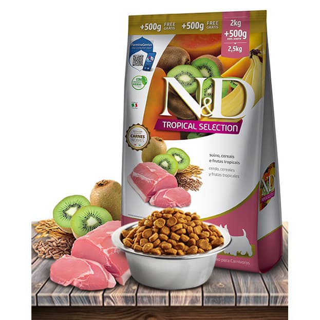 Ração Seca ND Tropical Selection Suíno, Cereais e Frutas Tropicais para Cães Adultos Raças Mini - 2 0,5Kg