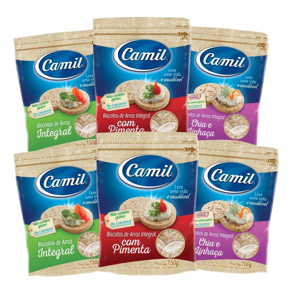 Biscoito de Arroz Integral Camil Chia Linhaça Pimenta 6x150g Sem Glúten