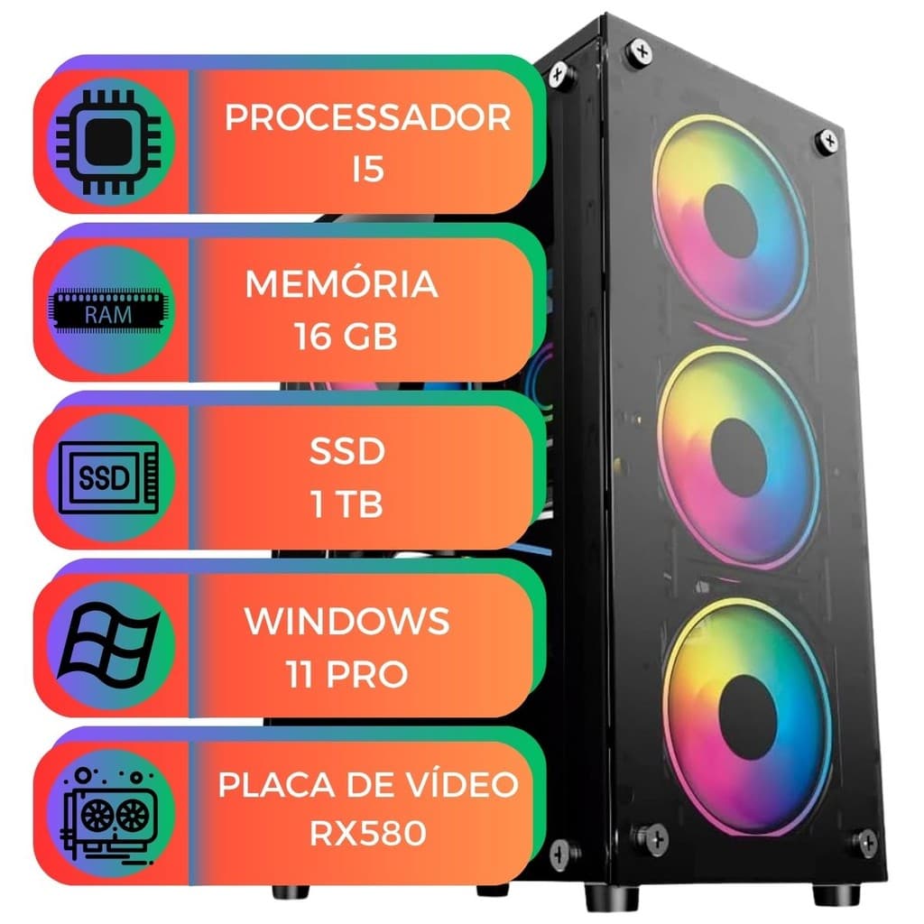 Computador Gamer MultiPC I5 16GB SSD 1TB NVMe RX580 Win11 Pro Desempenho para Jogos, Edição e Streaming