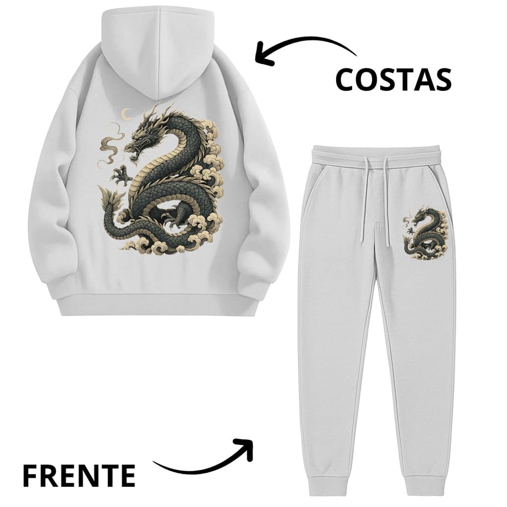 conjunto moletom calça moletom canguru estampada dragão japones