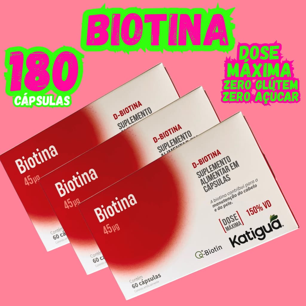 Biotina 45mcg Vitamina B7 Kit 3 Frascos 180 Cápsulas | Suplemento Capilar Unhas e Pele Sem Glúten | Envio Imediato