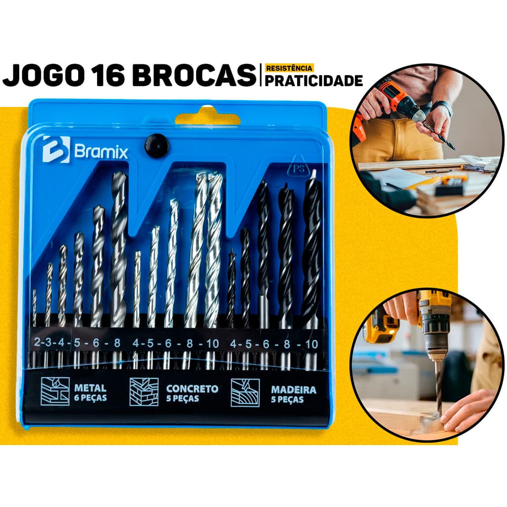 Jogo De Brocas 16 Peças P/ Madeira Metal Concreto Kit Completo 4mm a 10mm C/ Estojo Bramix