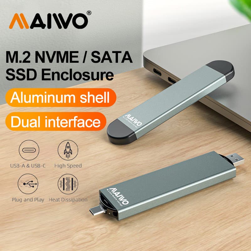 MAIWO Gabinete SSD M.2 de Dupla Protocolo NVMe PCIe NGFF SATA USB3.2 Tipo-C USB-A Caixa SSD Externa de Liga de Alumínio