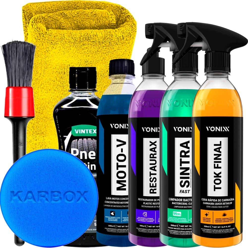 Kit para Lavagem de Carro e Moto Shampoo Moto-V Restaurax Sintra Fast Tok Final Vonixx Pneu Pretinho e Acessórios Karbox
