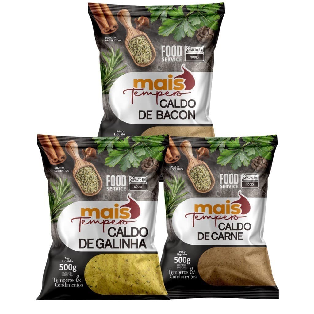 Kit 3 Temperos Todos 1 Kilo Caldo Em Pó Galinha - Bacon - Carne Mais Tempero