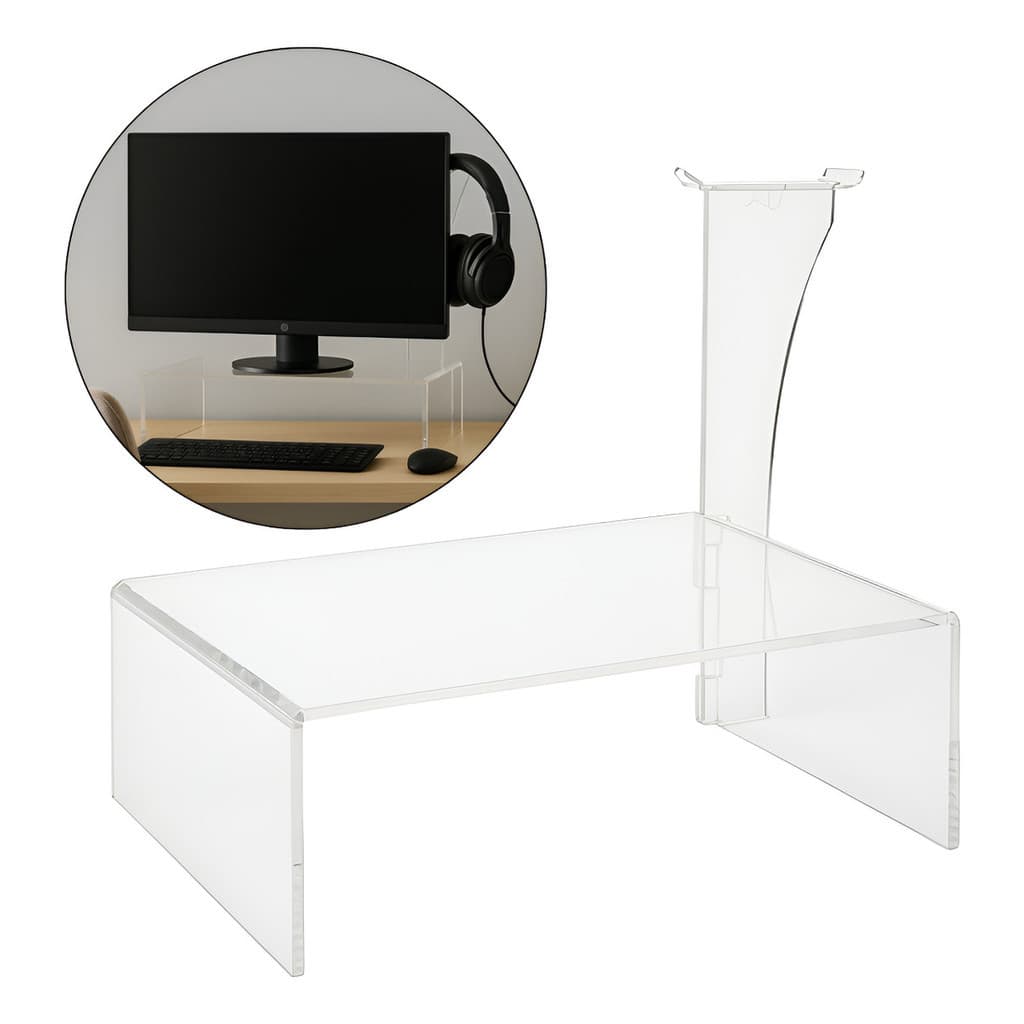 Apoio Monitor e Fone Elevado Transparente Gamer Setup Headset Tela Organizador Acrílico