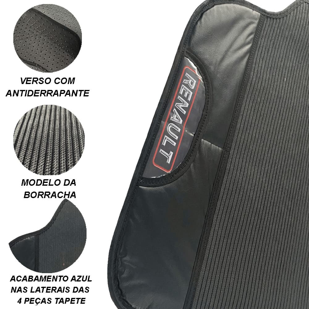 TAPETE DE CARRO AUTOMOTIVO UNIVERSAL EMBORRACHADO RENAUL CLIO SENIC LOGAN FLUENCE SANDERO MEGANE TWINGO COM NOME DA MONTADORA NA LATERAL DO TAPETE MOTORISTA