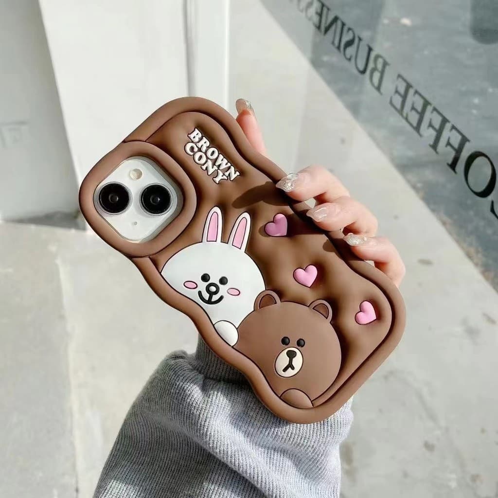 Capinha iphone 11/12/13/14/15 Pro max,Capinha 3d de silicone,Estojo à prova de choque, Bear Brown & Bunny Cony,Aplicável iPhone 11,12,13,14,15,11PM,12PM,13PM,14PM,15PM