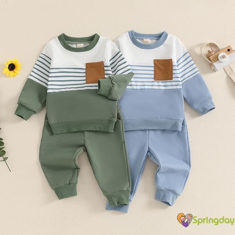 Conjunto de 2 Peças de Moletom Listrado de Manga Comprida com Calça de Moletom para Infantil Bebês Meninos Inverno,0-4 A