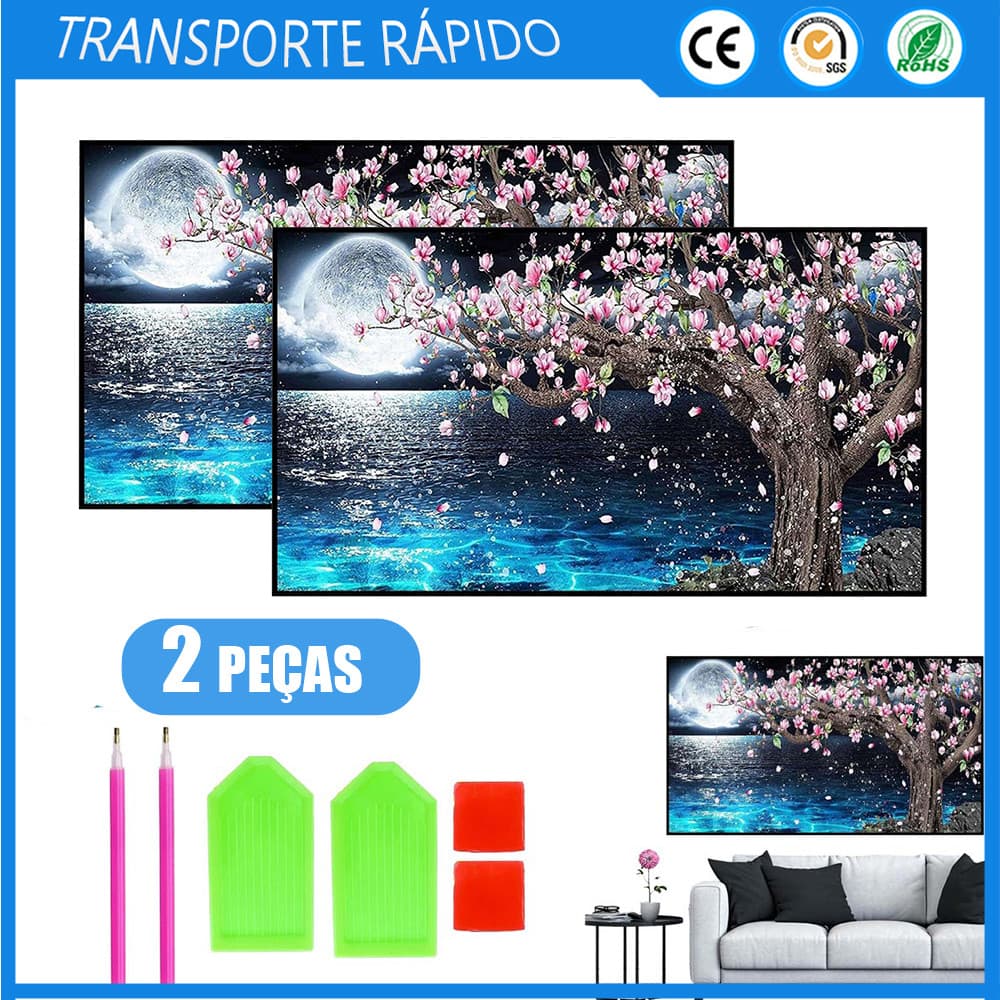 2 Conjuntos DIY Pintura de Diamante Cena Nocturna 5D Pintura de Diamante Pêssego Árvore em Flor Pintura em Tela Pendurad
