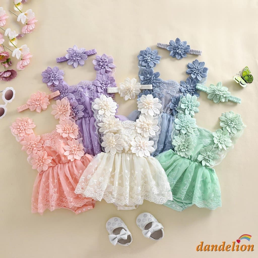 Roupa De Bebê Menina /Bordado De Flor Macacão Vestido De Malha + Fita De Cabeça De Arco Recém Nascido De Verão Romper