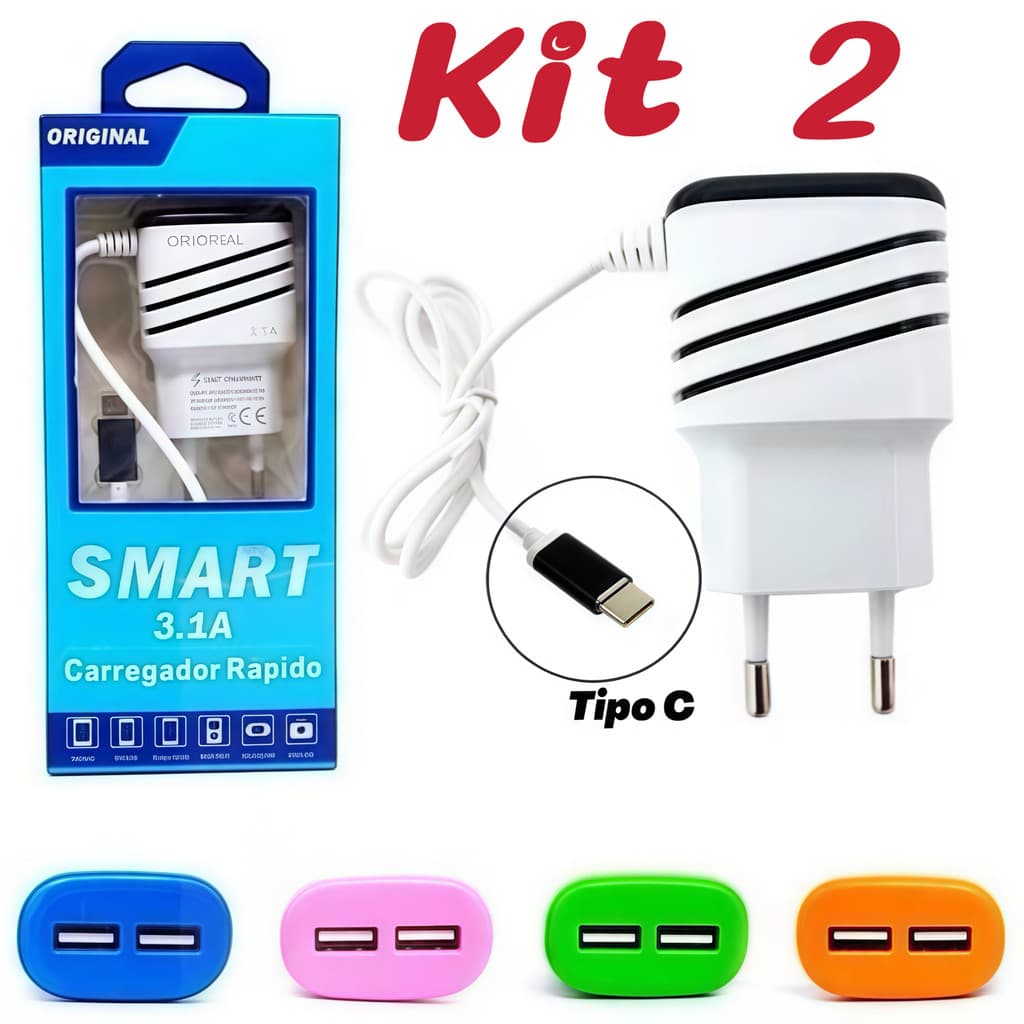 Kit 2 Carregadores Turbo 3.1A com Cabo Tipo C ou Micro USB 2 Portas USB Carregador Rápido Bivolt para Celular Android