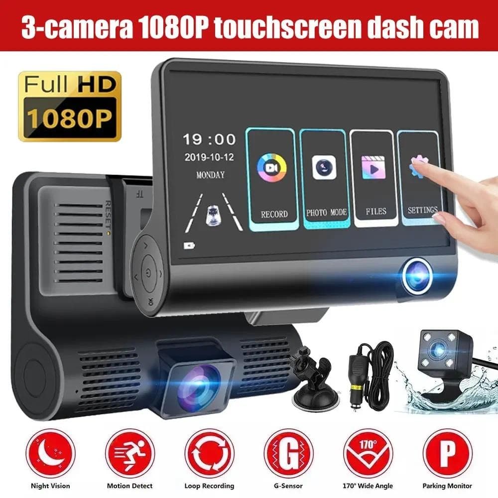 Câmera DVR Para Carro Com Tela Sensível Ao Toque De 4 Polegadas 1080P Câmeras Dianteiras E Traseiras De 3 Lentes