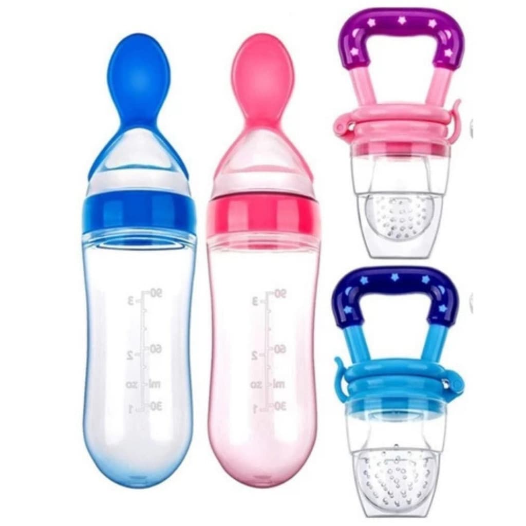Kit Mamadeira de Silicone com Colher Dosadora e Chupeta Mordedor Porta Frutas
