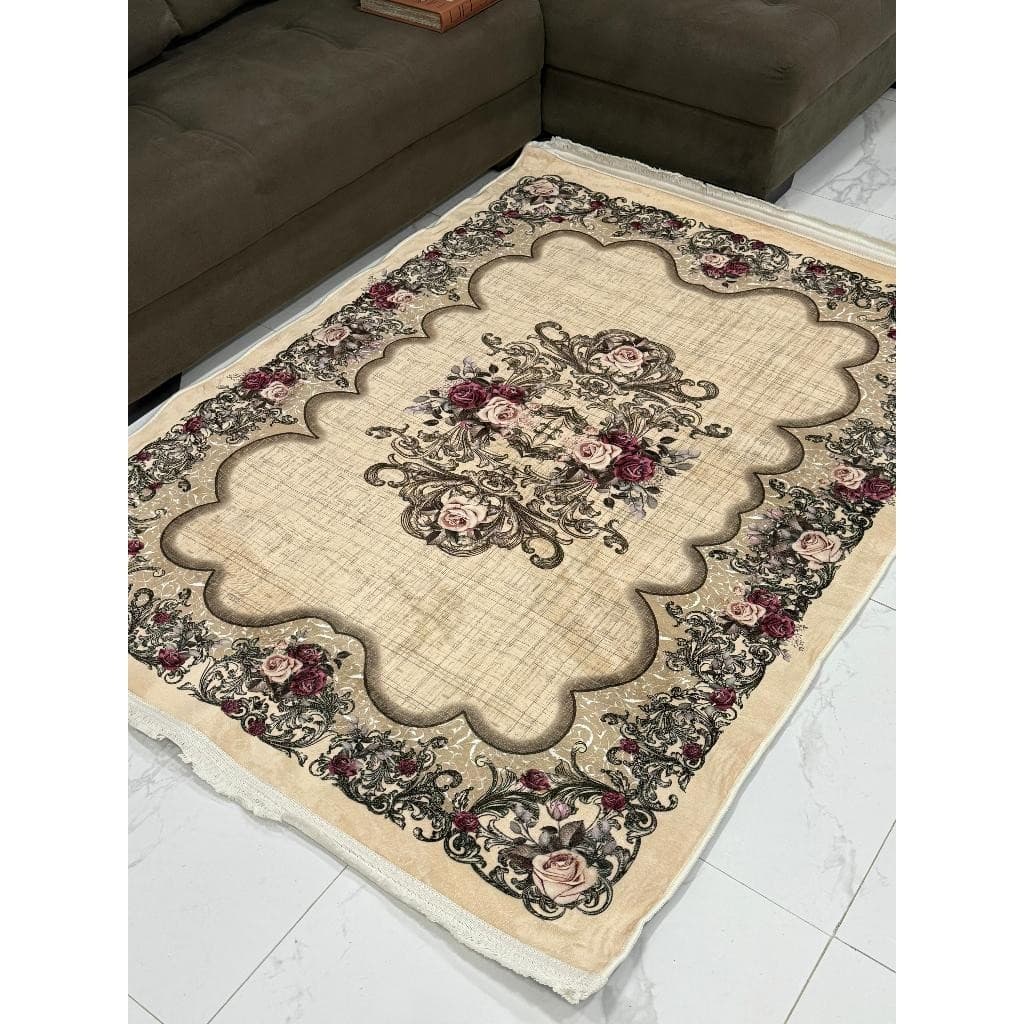 Tapete Sala Quarto Floral Com Renda 1,45x1,95 Mt Antiderrapante Estampado