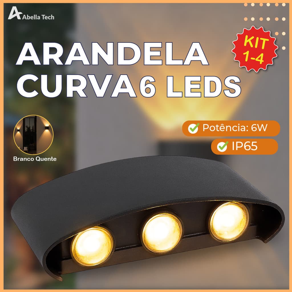 4 Luminária Arandela Led Meia Lua Curva 6W Parede Luz Quente 6 LEDS Estrutura Preta