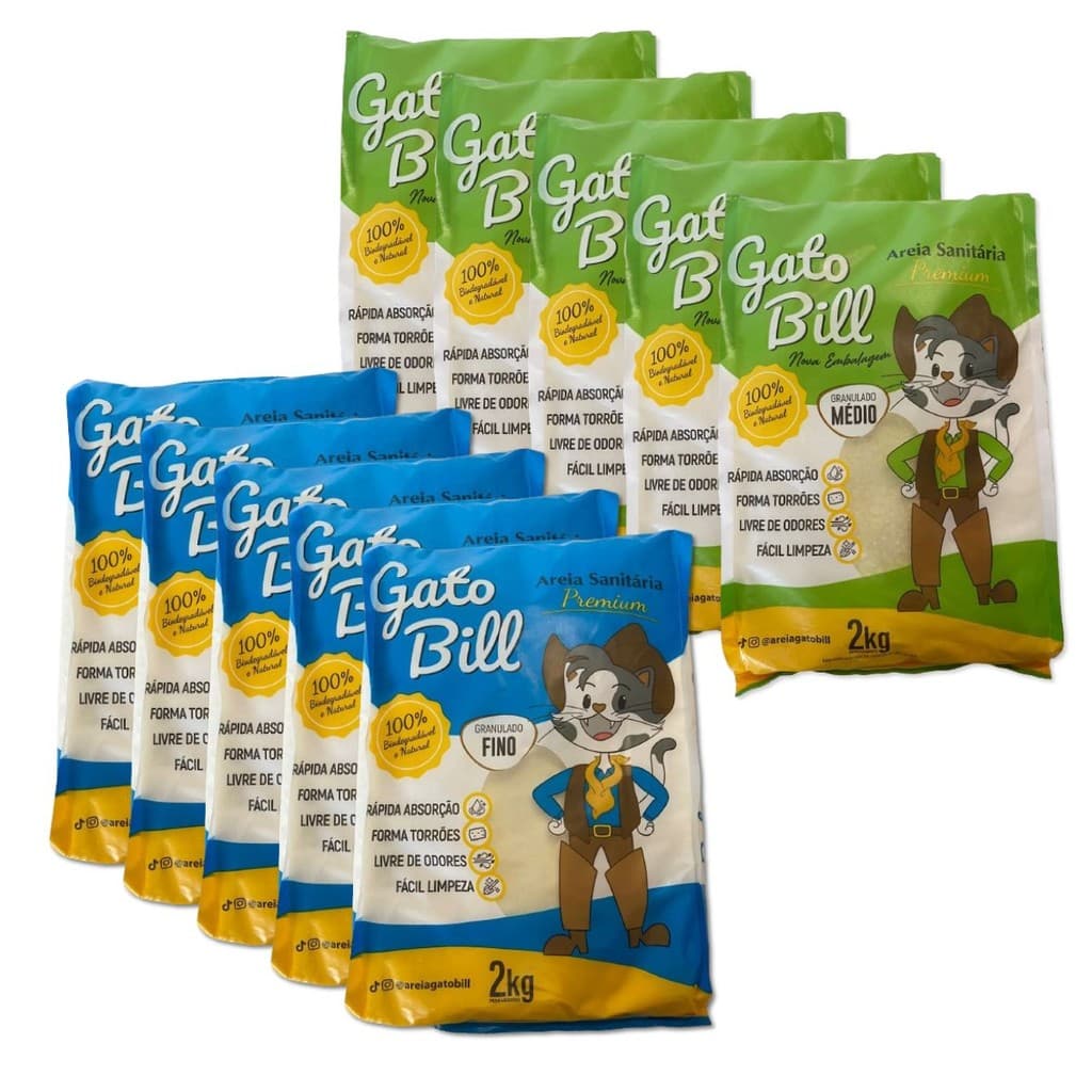AREIA SANITÁRIA GATOBILL PARA GATO ECOLÓGICA NEUTRALIZA ODOR SUPER ABSORVENTE FORMA TORRÕES FIRMES 5X FINA MEDIA