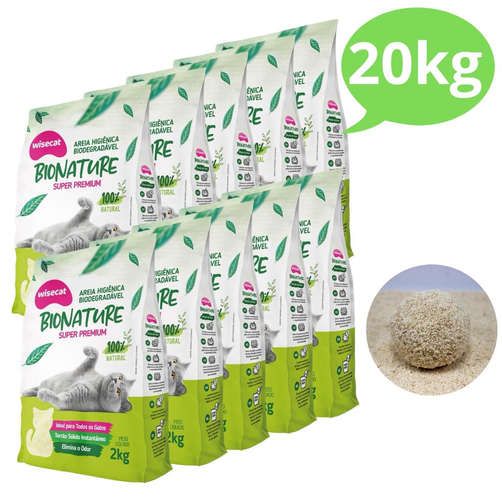 Kit 10 Areia Sanitária Higiênica para Gatos Mandioca Premium Natural Biodegradável Wisecat 2KG