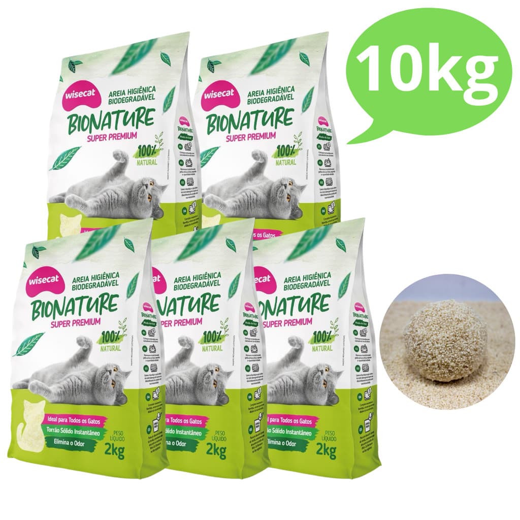 Kit 5 Areia Sanitária de Mandioca Wisecat para Gatos Granulado Bionature Natural Biodegradável 2kg