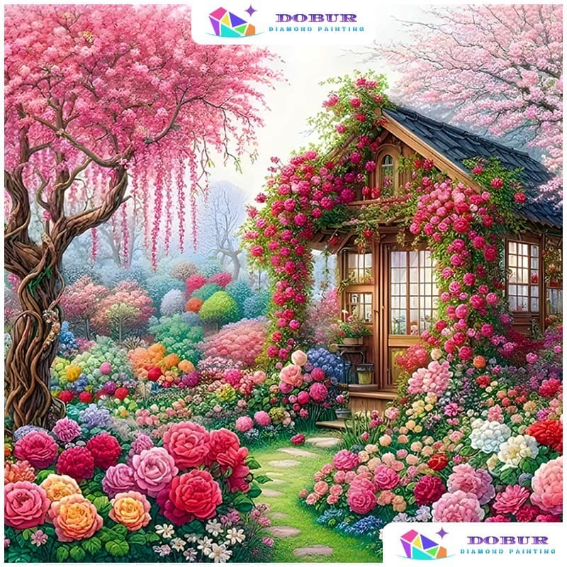 DOBUR | Conjunto Pintura Com Diamante Dream Rose Cottage 5D DIY Round/Square Full Drill  Artesanato Decoração Parede Dom