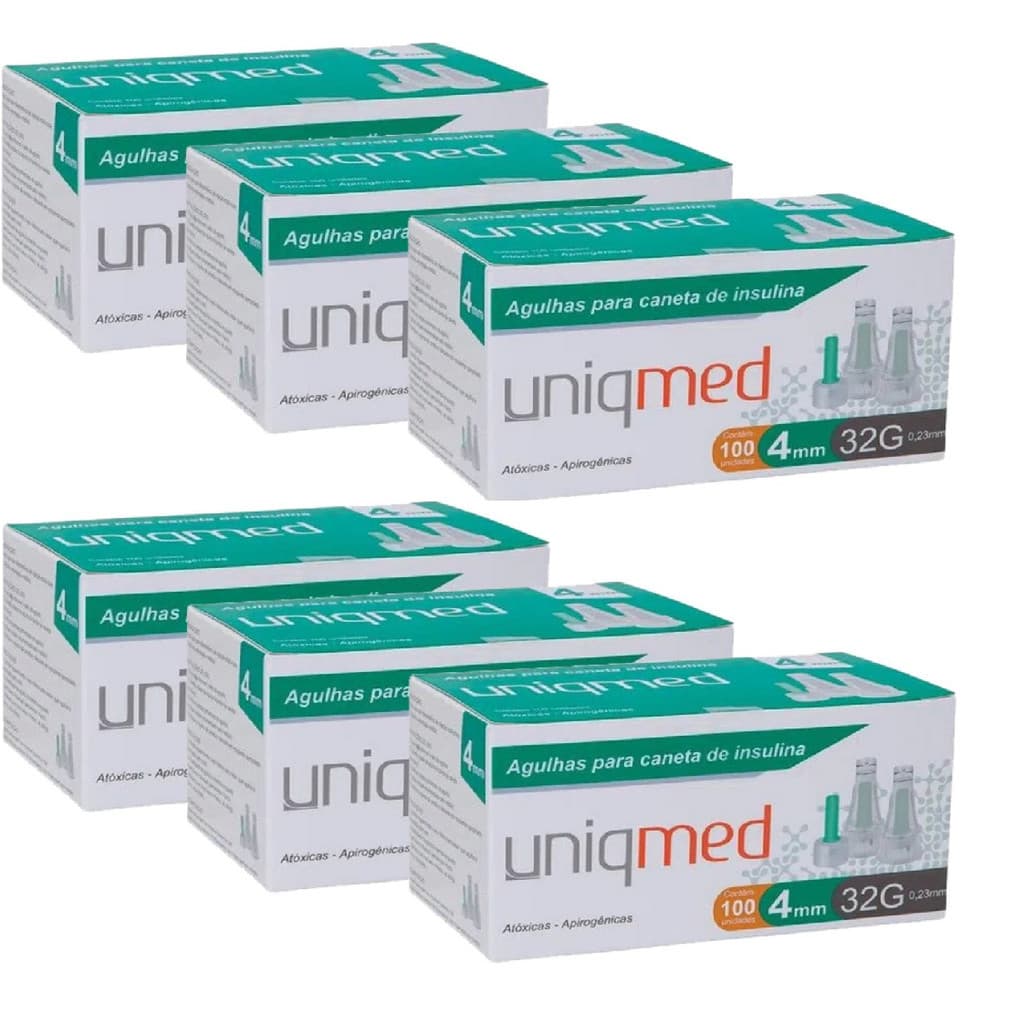 Kit 6 Caixas de Agulha para caneta De Insulina 4mm 32g Com 600un Uniqmed