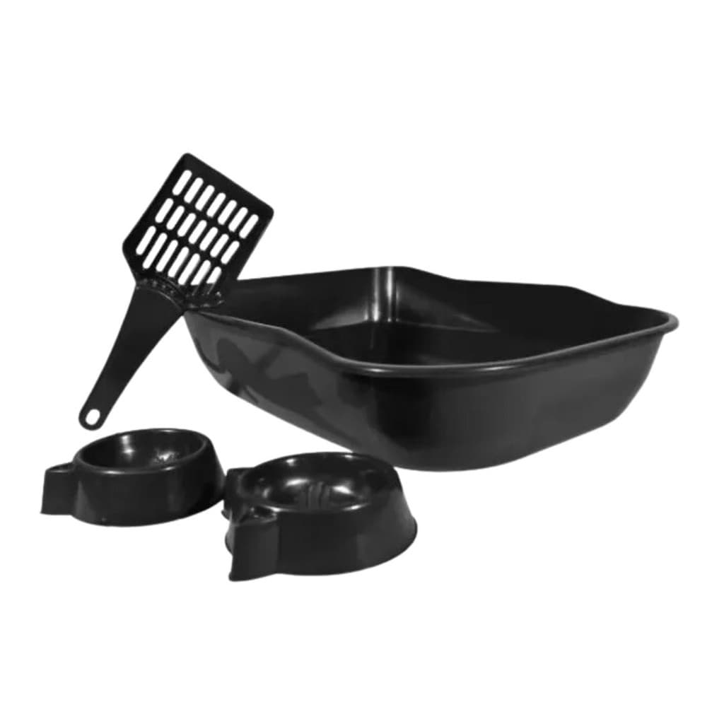 Caixa De Areia Pet Gato Kit Bandeja Dura Black Sanitária Grande Preta + Comedouro e Pá