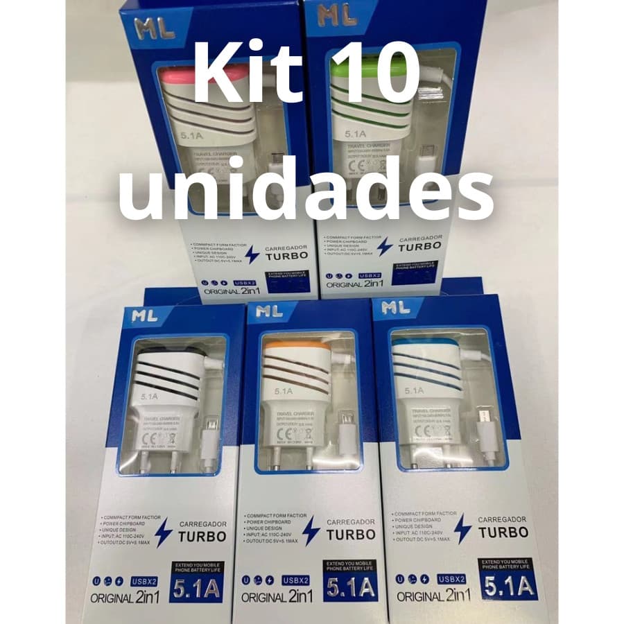 Kit de 10 ou 5 Carregadores Turbo 5.1A Tipo-C / v8/ iphone Simplicidade e Potência para Carregamento Rápido e Confiável