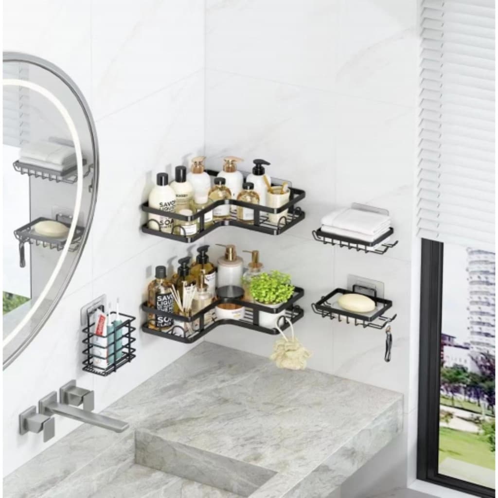 kit Com 5 Pacote Suporte para chuveiro Prateleira de banheiro sem perfuração Grande capacidade Armazenamento de organizador de cozinha Aço inoxidável Prateleira de chuveiro de canto de parede (Merlin)