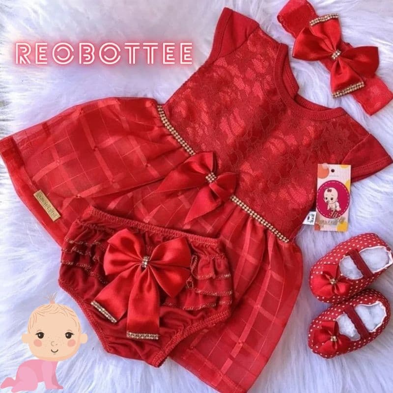 Vestido Bebê Menina 4 Peças Sapato Calcinha Tapa Fralda Laço Roupa Batizado Luxo Mesversario Verão