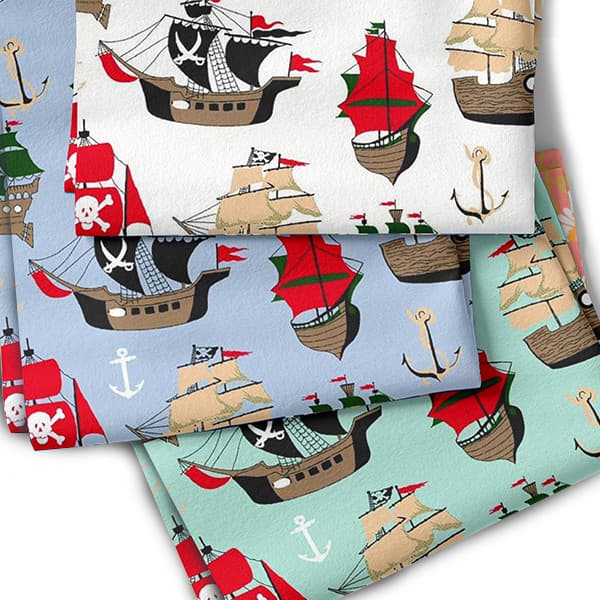 Tecido Tricoline Estampado 0,50x1,50 Estampas Navios Piratas Pano Costura Patchwork Artesanato