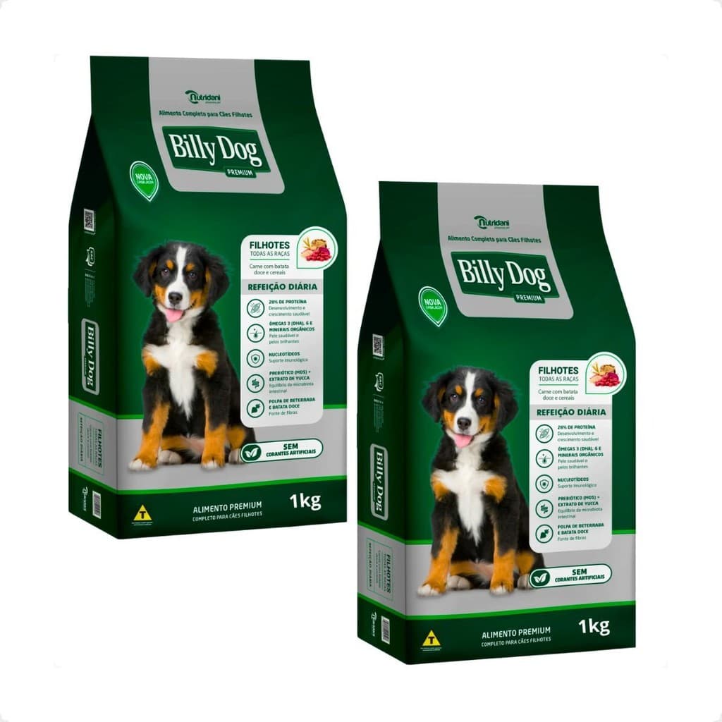 Kit 2 Ração Billy Dog 1Kg Cães Filhotes Refeição Diária