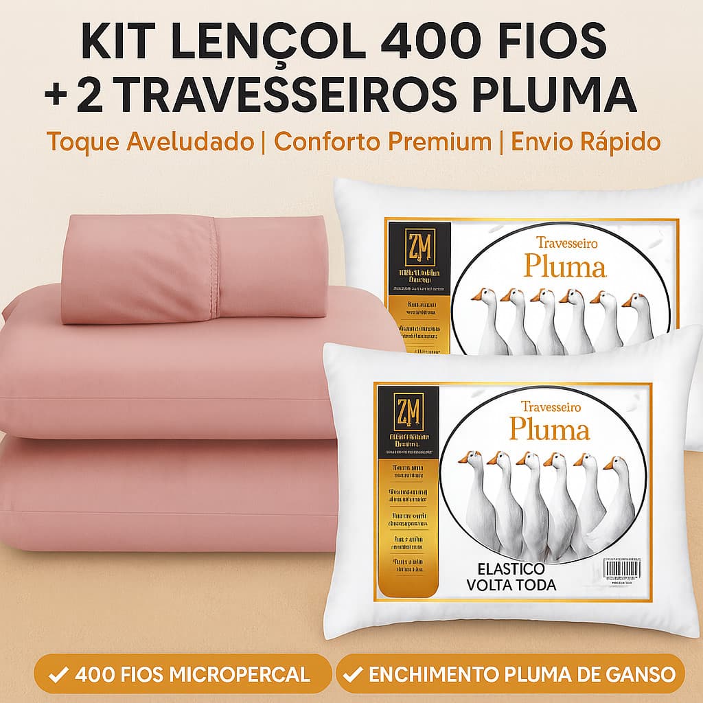Jogo de Cama Casal, Queen e King 400 Fios + 2 Travesseiros Pluma  Luxo e Maciez