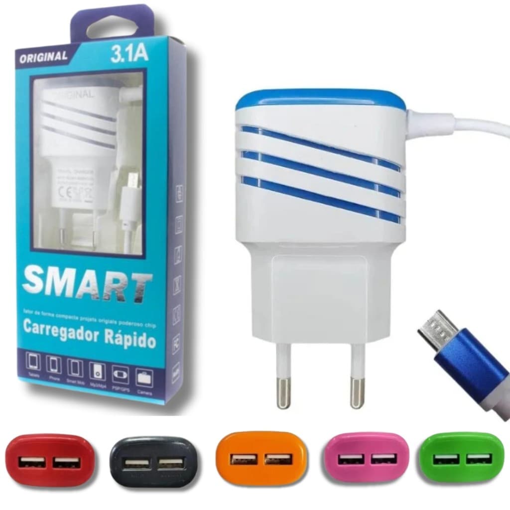 Carregador Turbo Celular Ultra rápido 3.1 V8 Micro Usb 2 Entrada Usb Android Portátil