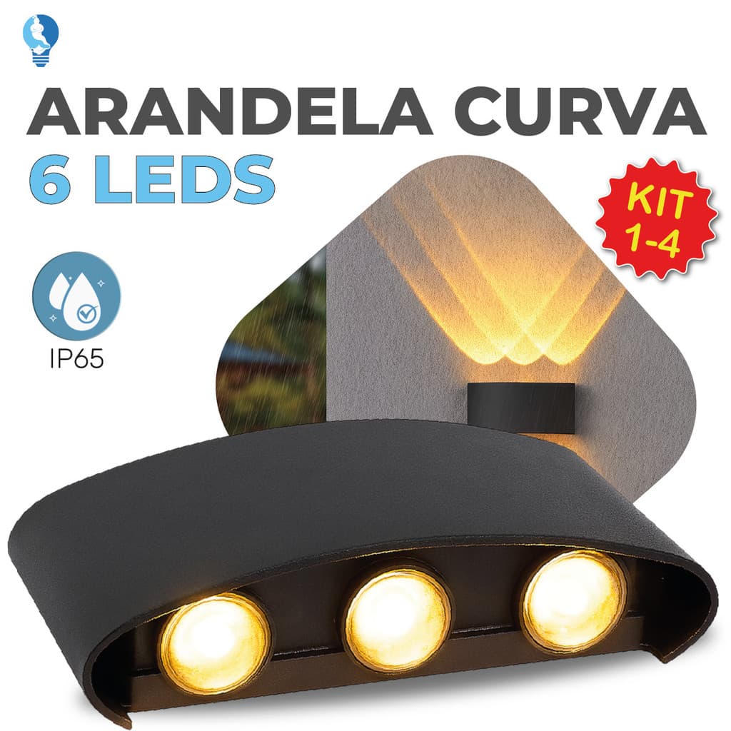 Luminária Arandela Led Meia Lua Curva 6W Parede Luz Quente 6 LEDS Estrutura Preta