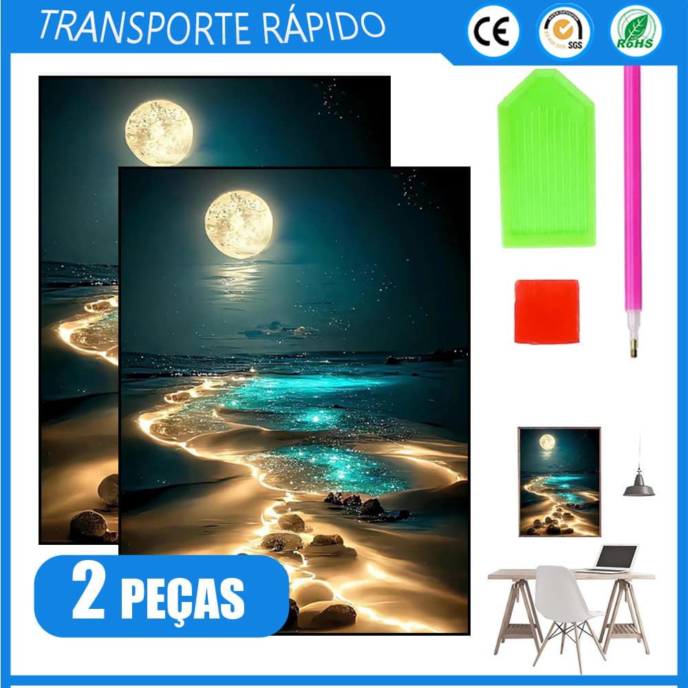 2x Pintura de diamante faça-você-mesmo Pintura de diamante 5D ponto a ponto Decoração de parede Praia ao luar 40x30cm