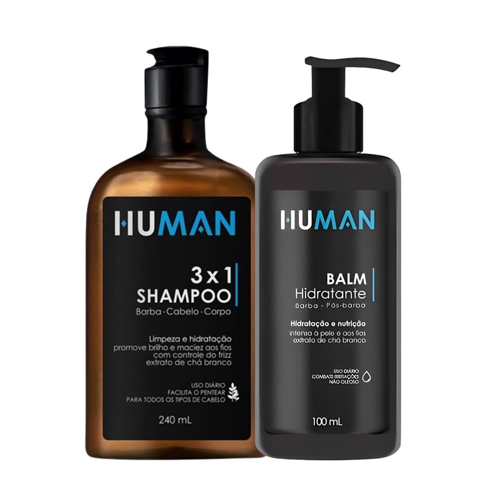 Kit Shampoo 3×1 Barba Cabelo Corpo 240ml e  Creme Balm Hidratante Pós-Barba Human