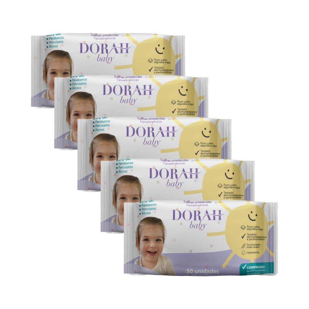 5 Pacotes - Toalhas/Lenços Umedecidos Hipoalergênicos - 50 Folhas - Dorah Baby (Total 250 Folhas) - Cuidado completo
