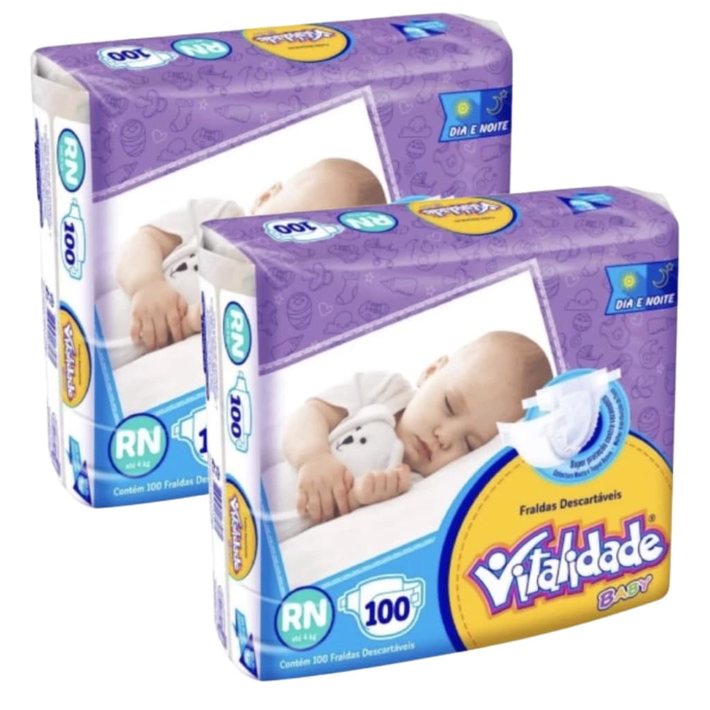 Kit 2 Fralda Destartável Pacotão Vitalidade Baby Hiper - Tamanho RN - Total 200 Unidades
