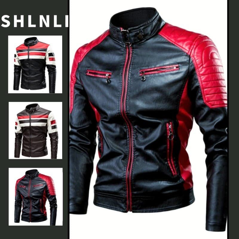 Jaqueta Masculina Slim Fit Colorida Bloqueada À Prova De Vento Para Motocicleta Americana Retrô Chuva De Couro PU Outono