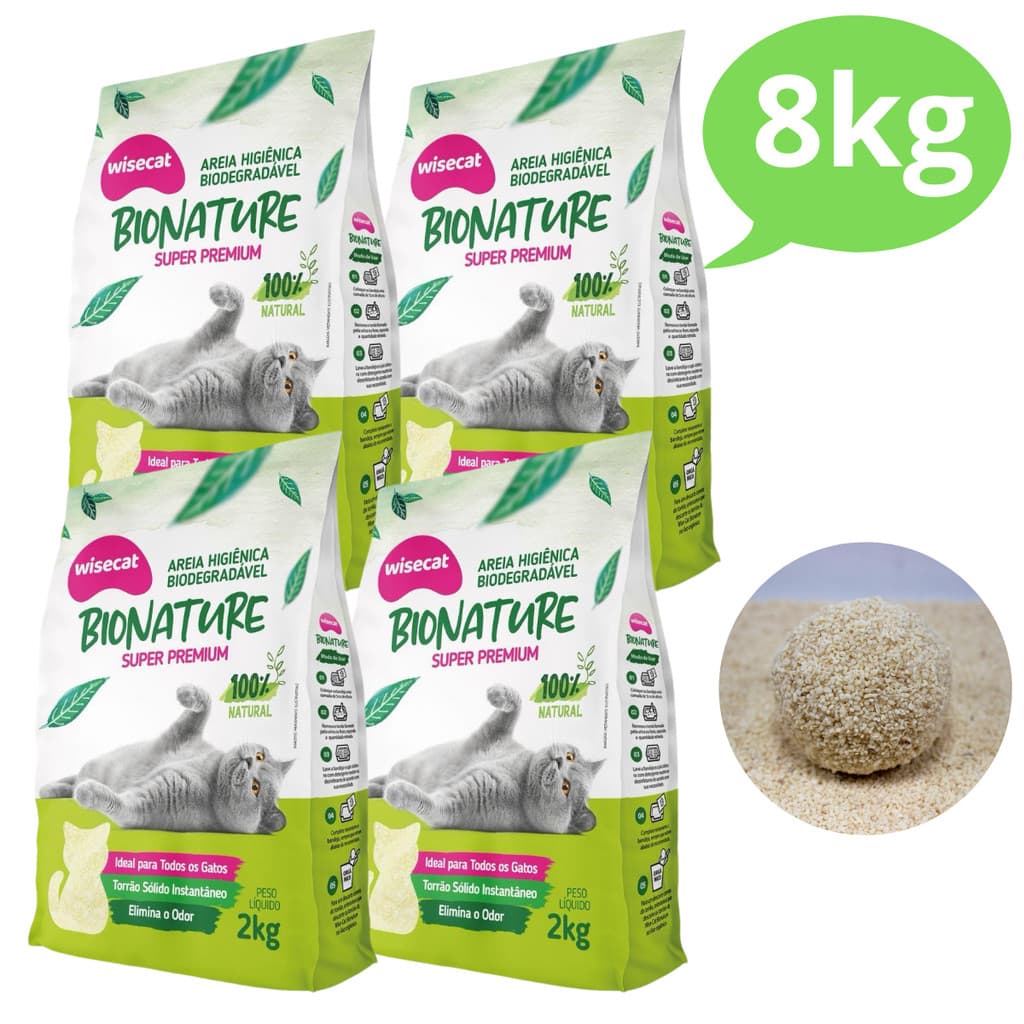 KIT 4 Areia Sanitária Higiênica para Gatos Mandioca Premium Natural Biodegradável Wisecat 2KG