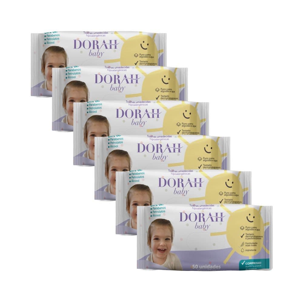 6 Pacotes - Toalhas/Lenços Umedecidos SEM ÁLCOOL - 50 Folhas - Dorah Baby (Total 300 Folhas)