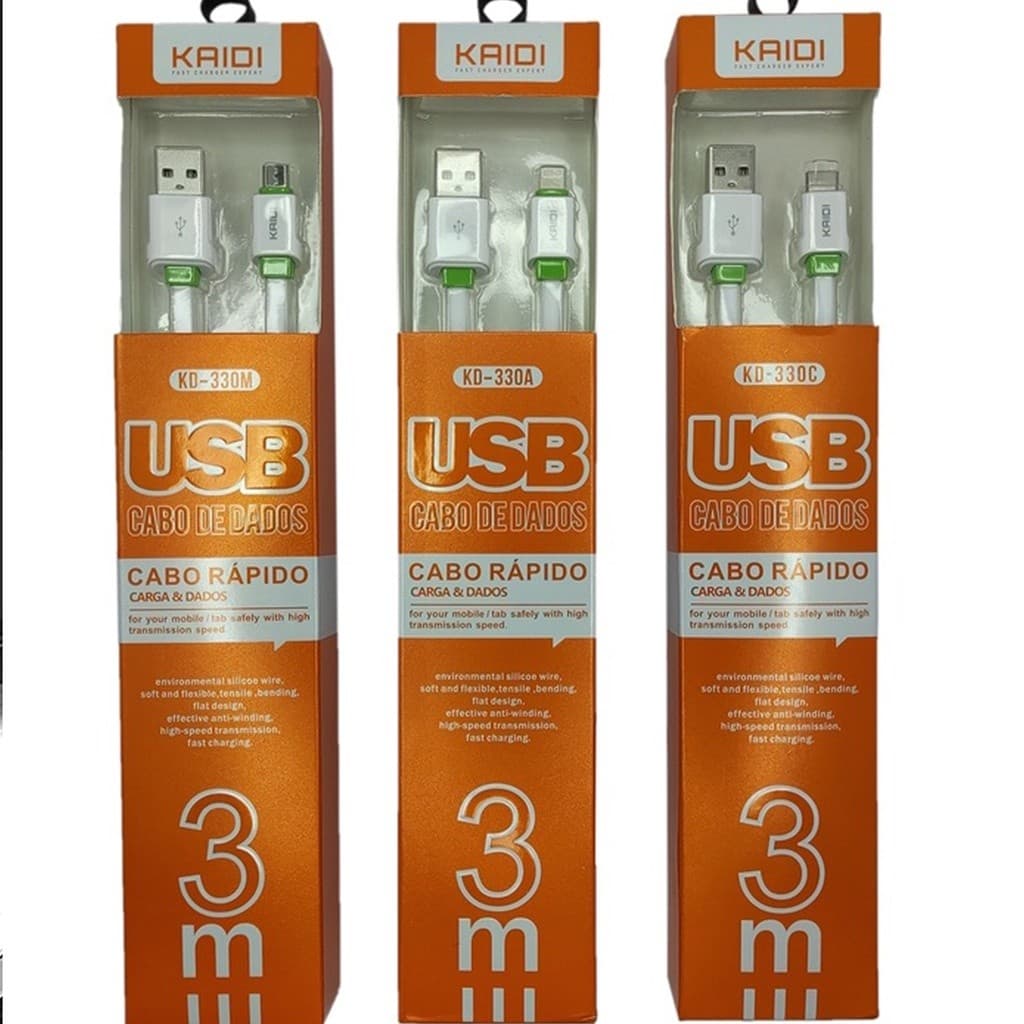 Cabo de 3m Tipo-c V8 IPhone Android Ios Carrega Ultra Rapído e Passa dados Kaidi 3 metros Potente