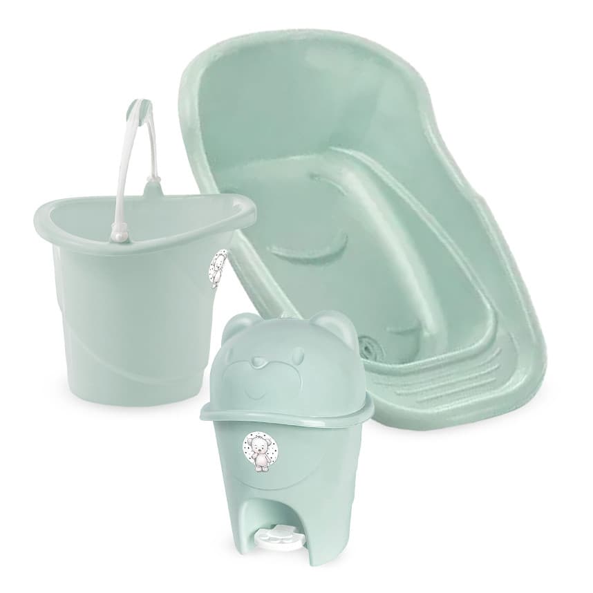 Kit Banheira De Bebê Adoleta Com Balde e Lixeira Fofura Verde