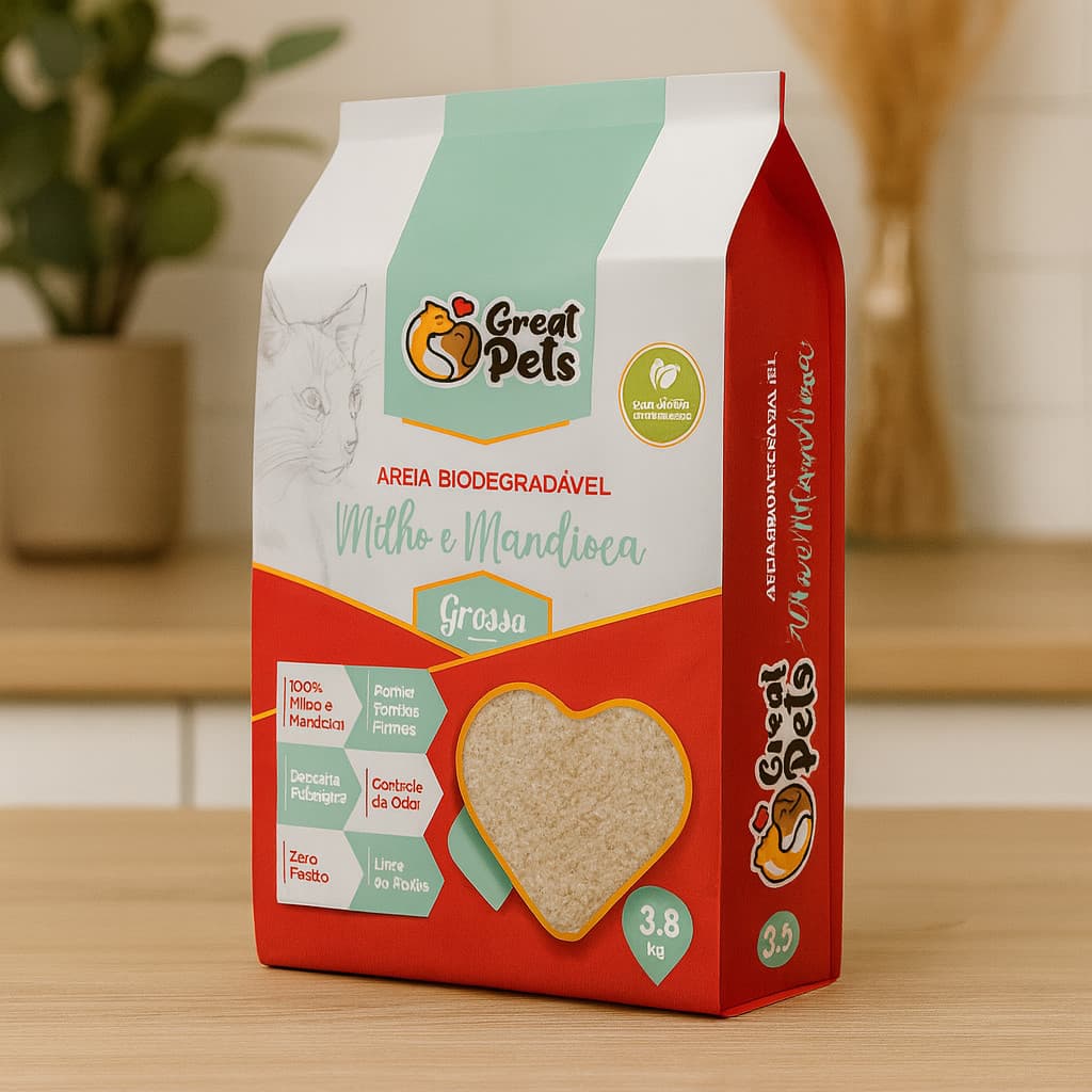 Areia Sanitária Biodegradável para Gatos Great Pets 3,8kg Milho e Mandioca Grossa, Controle de Odor