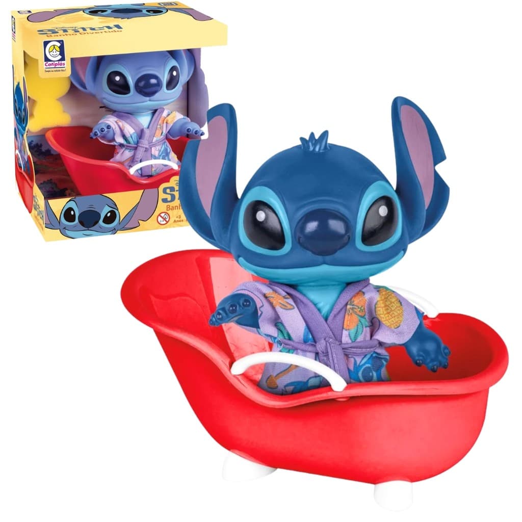 Boneco Stitch Articulado 15cm Em Vinil Macio Disney Com Banheira e Esponjinha Da Xepa - Lançamento - Cotiplás