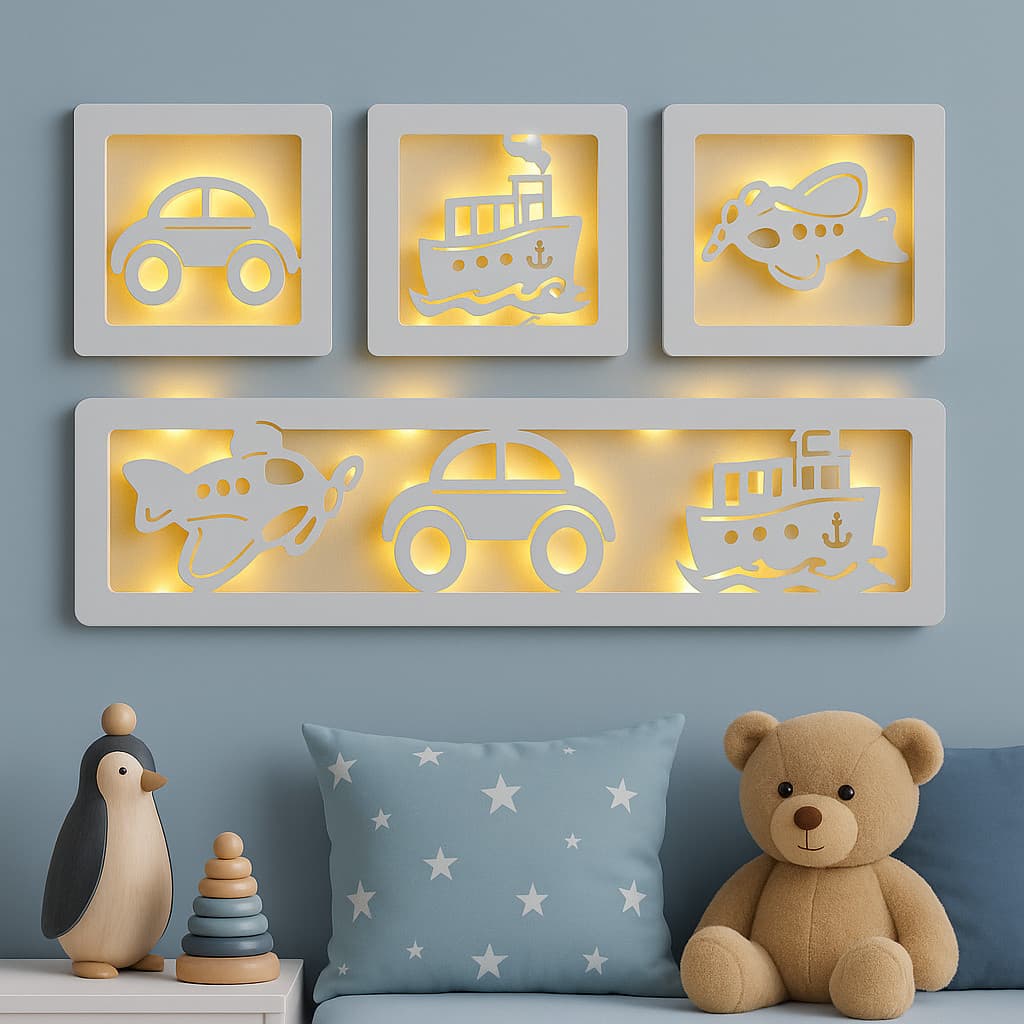 Kit 4 Luminárias LED Infantil MDF Decoração Quadro de Parede LED Carro Avião Barco Decorativo Quarto Bebê Criança