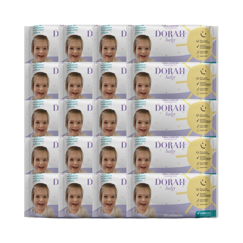 20 Pacotes - Toalhas/Lenços Umedecidos SEM ÁLCOOL - 50 Folhas - Dorah Baby (Total 1000 Folhas)