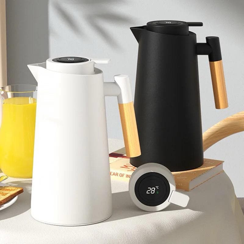 KIT Garrafa Térmica Termometro Digital Café Chá Nórdica Com Cabo Madeira 1L（MDL03）