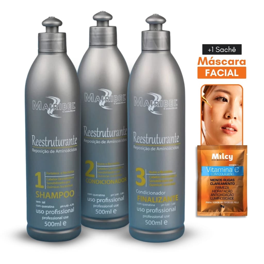Kit Reestruturante Mairibel 3 PASSOS – Revitalizante de Fios Danificados + 1 Sérum Vitamina C